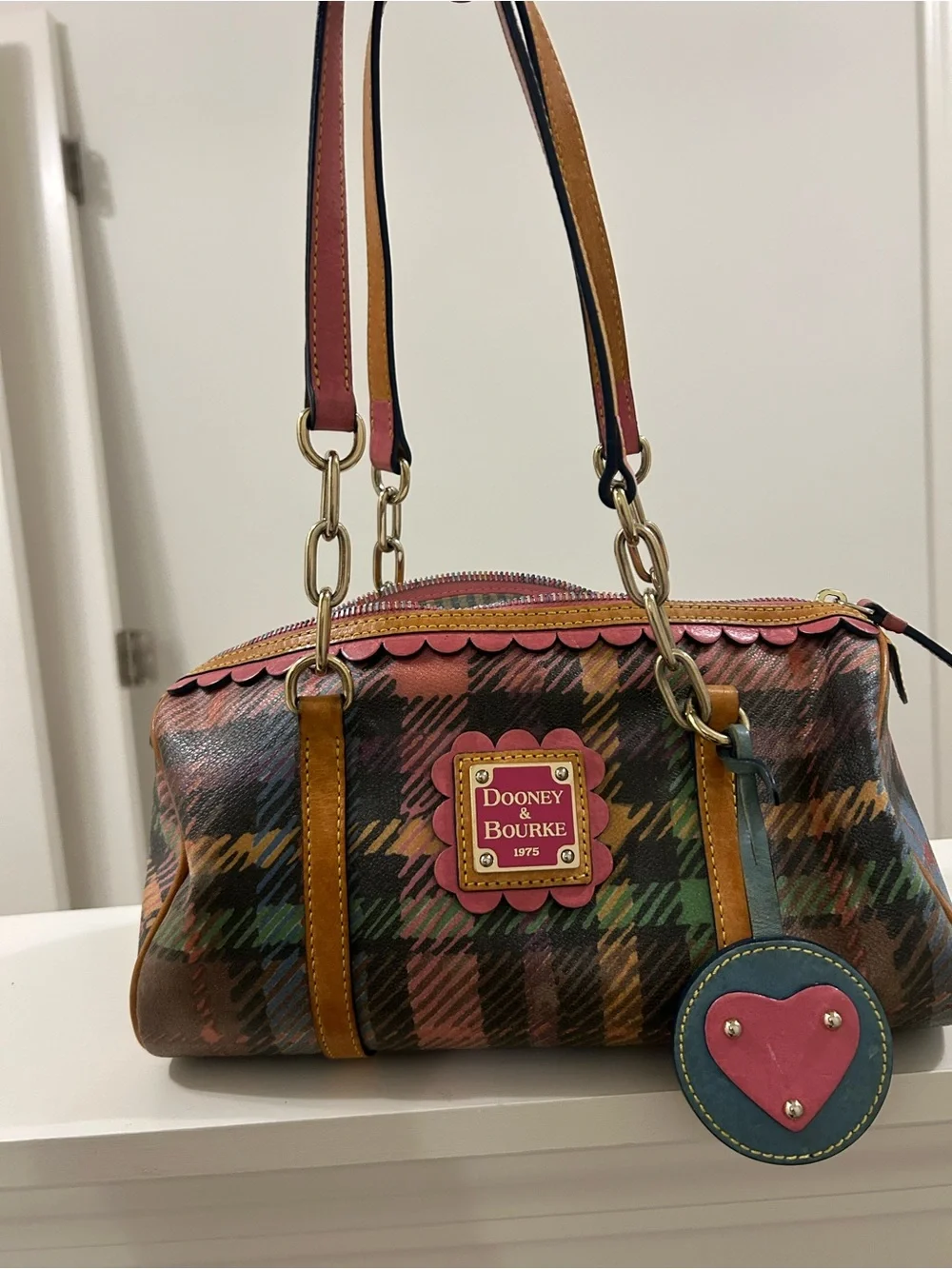 Dooney & Bourke Multicolor Plaid Leather Satchel with Pink Heart Charm #Vintage
